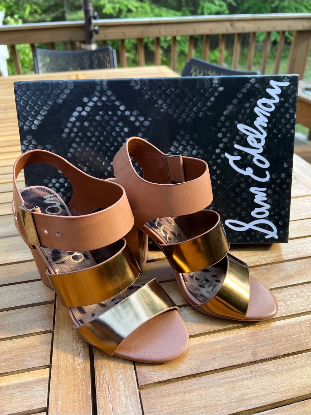 Sam Edelman Bronze Metallic and Tan Block Heel Sandals vintage